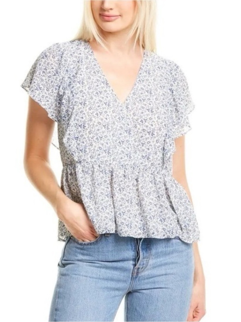 Madewell Georgette Blue and White Floral Peplum Top XXS XS